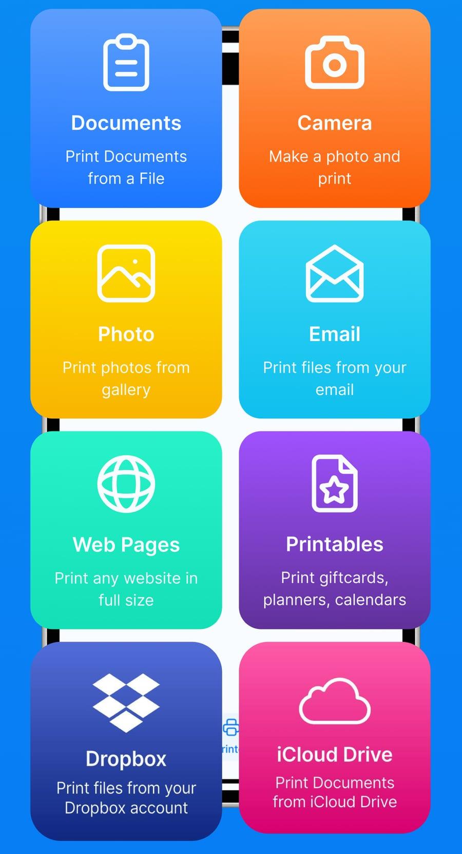 Smart Printer's start screen on iPhone: eight coloured tiles labelled Documents, Camera, Photo, Email, Web Pages, Printables, Dropbox and iCloud Drive, each with a one-line description