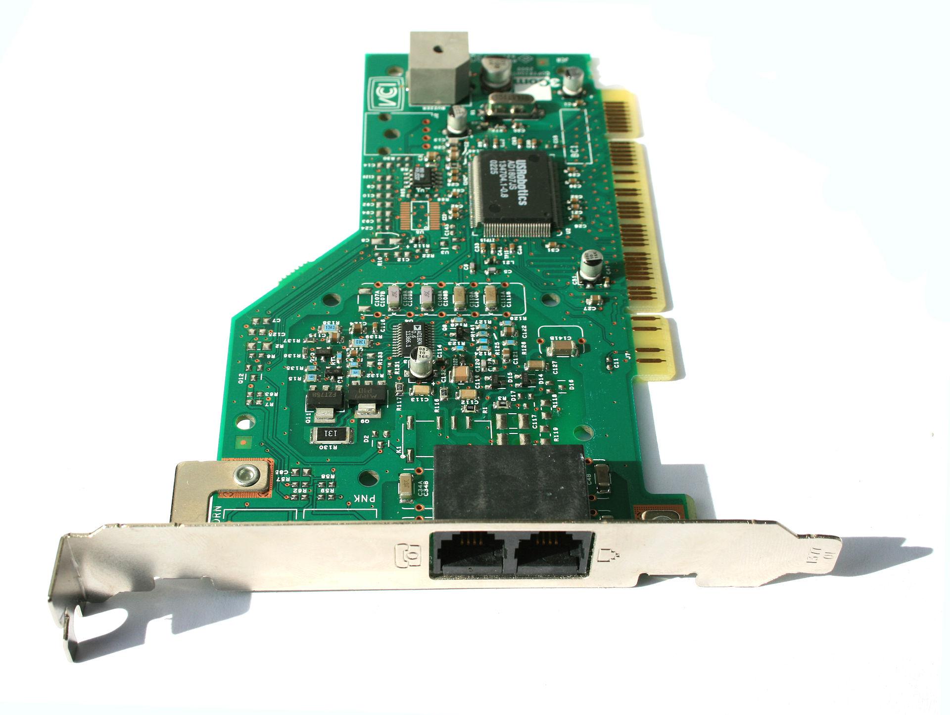 Internal PCI fax/data modem expansion card photographed on a plain background, showing its edge connector, RJ-11 sockets and surface-mounted components