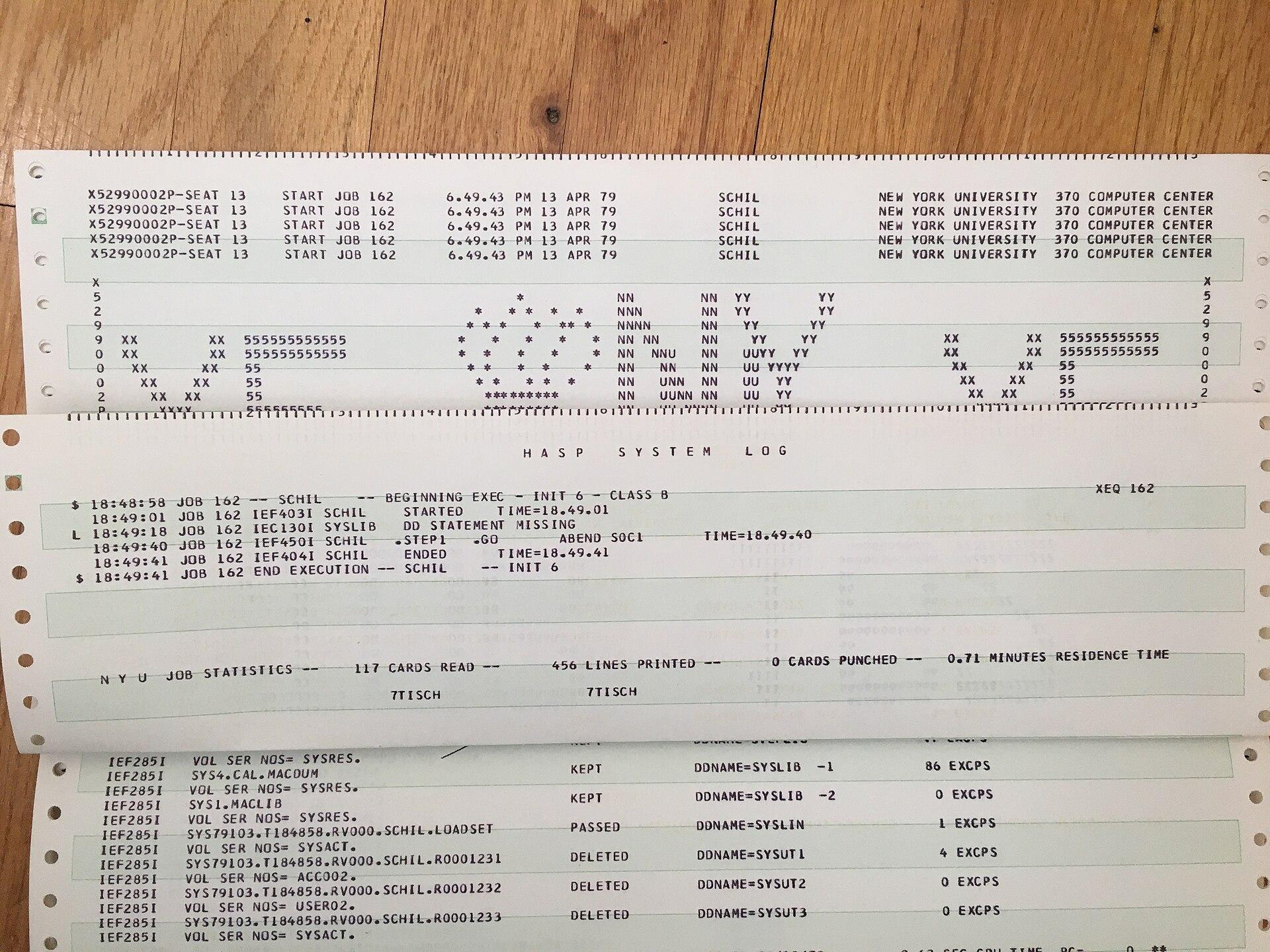 Greenbar continuous-form printout showing repeated banner lines naming a job number, time and site, then a HASP system log listing the job starting, failing with an abend, and ending, followed by job statistics