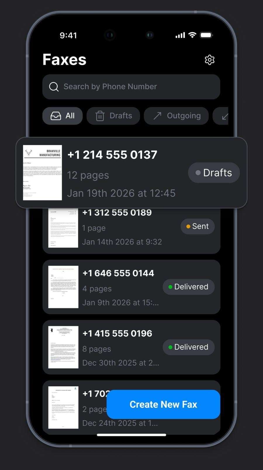 Fax app on iPhone in a dark interface: the Faxes list with a search field, filters for all, drafts and outgoing faxes, and entries marked Drafts, Sent and Delivered