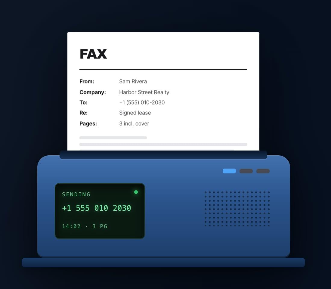The same faxB2B illustration in the dark theme: the drawn fax machine and white cover sheet on a deep navy background