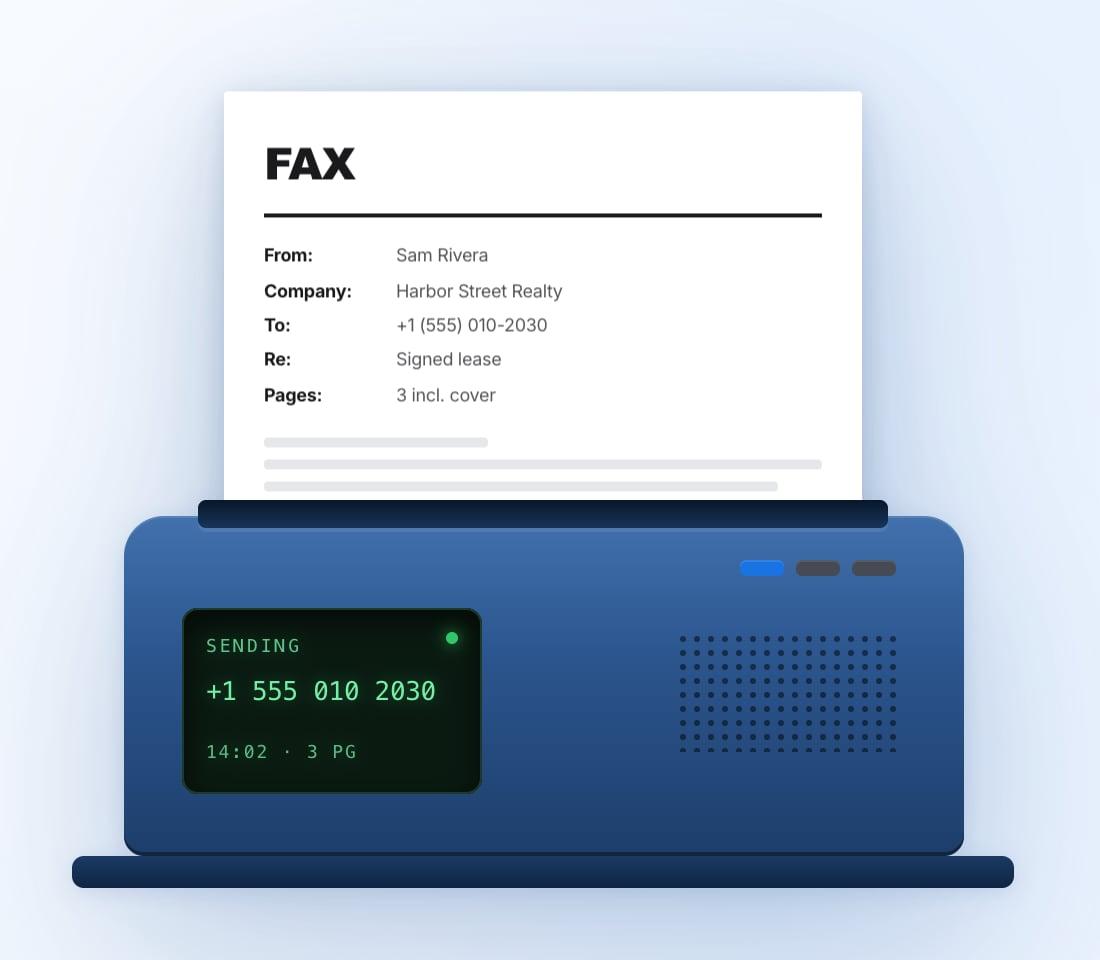 faxB2B homepage illustration in the light theme: a drawn blue fax machine with a white cover sheet rising from it and a small display reading SENDING, on a pale background