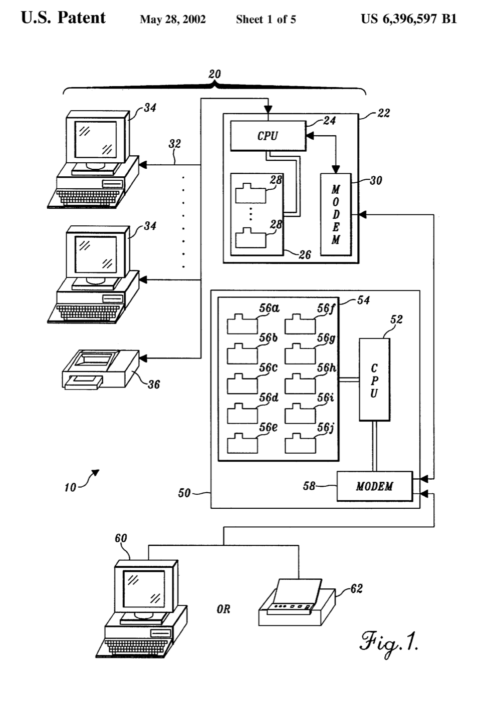 Patent drawing FIG. 1: a central server computer with CPU, modem and a stack of numbered per-user mailboxes, connected to several desktop workstations and a printer, alongside a separate store-and-forward service computer holding its own bank of ten mailboxes