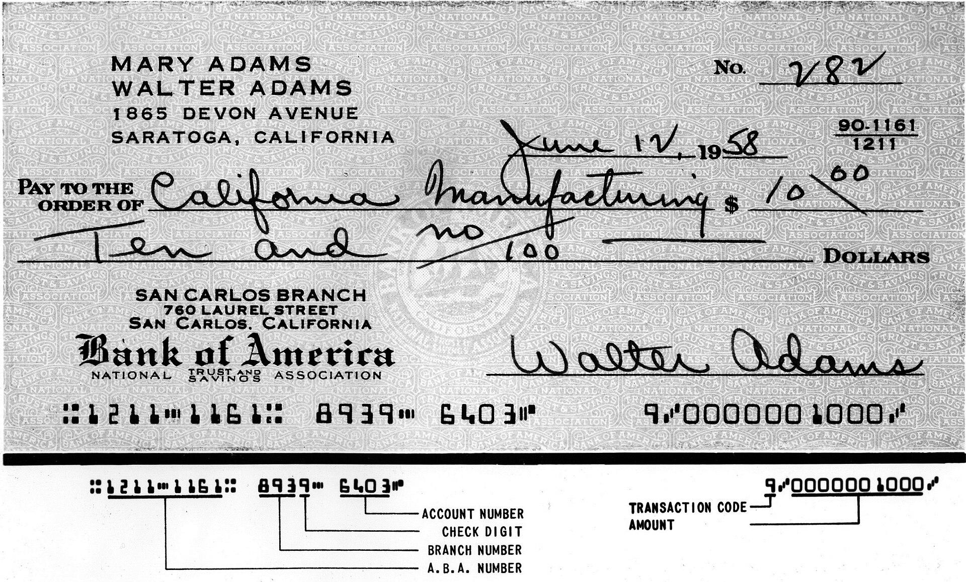 Early cheque photographed above an enlarged reproduction of its magnetic character line, with leader lines labelling the A.B.A. number, branch number, check digit, account number, transaction code and amount