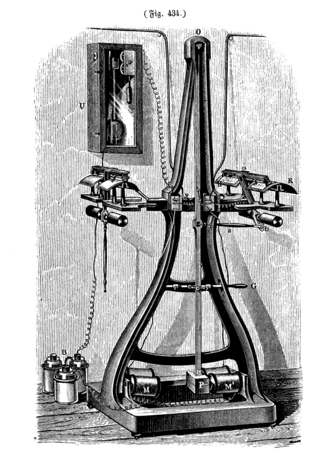 Engraving of Giovanni Caselli's pantelegraph, a tall 19th-century image-transmission apparatus with a pendulum frame