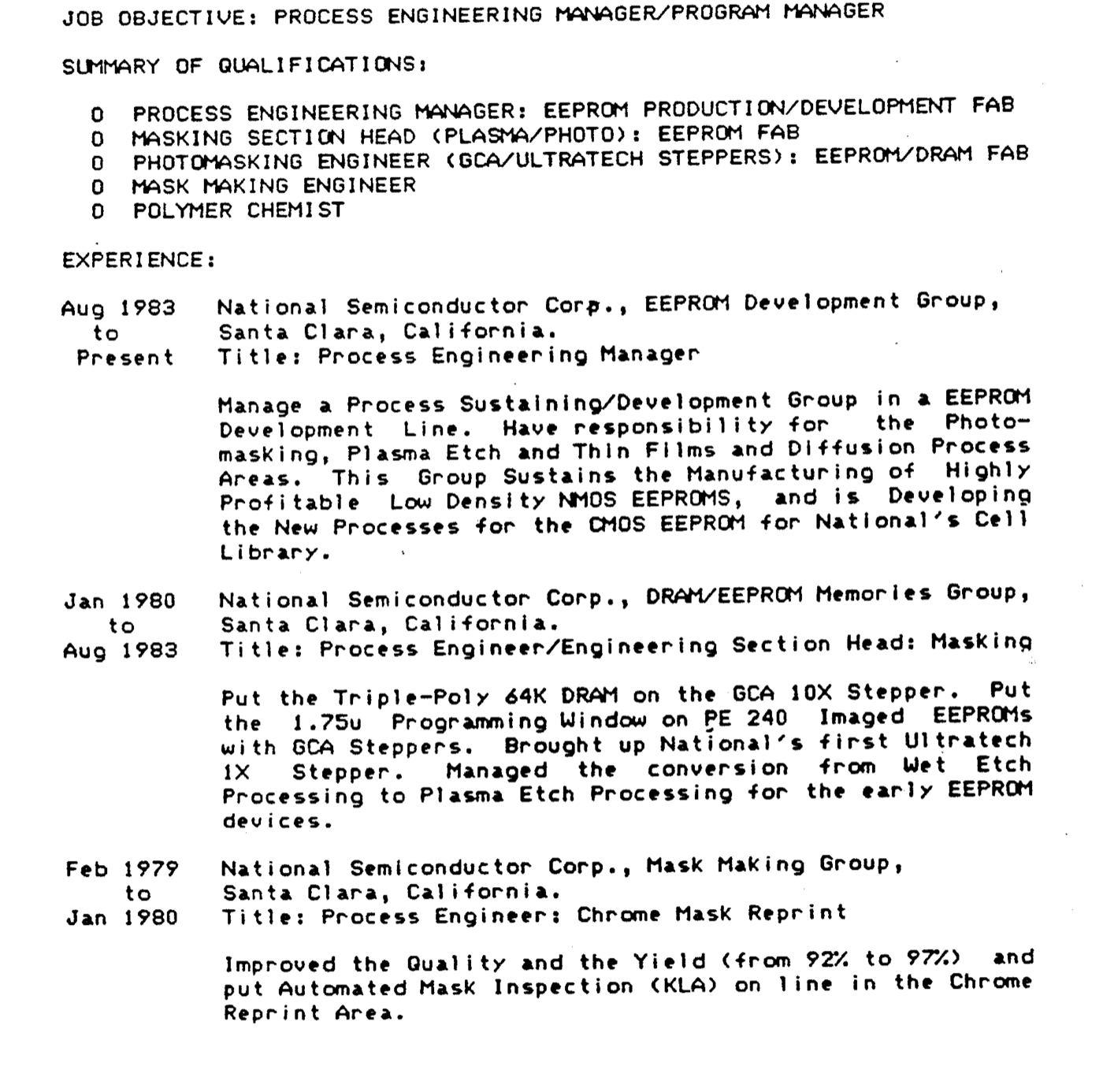 Patent drawing FIG. 5: a monospaced typewritten resume showing a JOB OBJECTIVE line, a SUMMARY OF QUALIFICATIONS list, and an EXPERIENCE section in which employment dates sit in a narrow left-hand column beside indented job descriptions